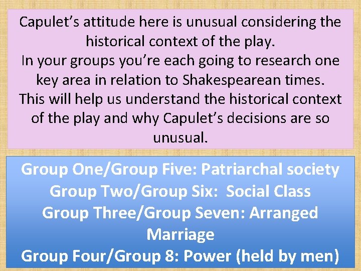 Capulet’s attitude here is unusual considering the historical context of the play. In your