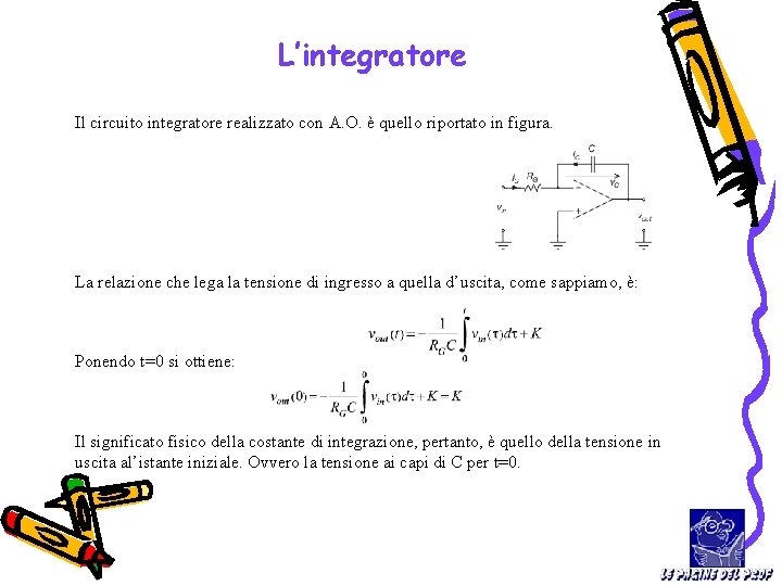 L’integratore Il circuito integratore realizzato con A. O. è quello riportato in figura. La