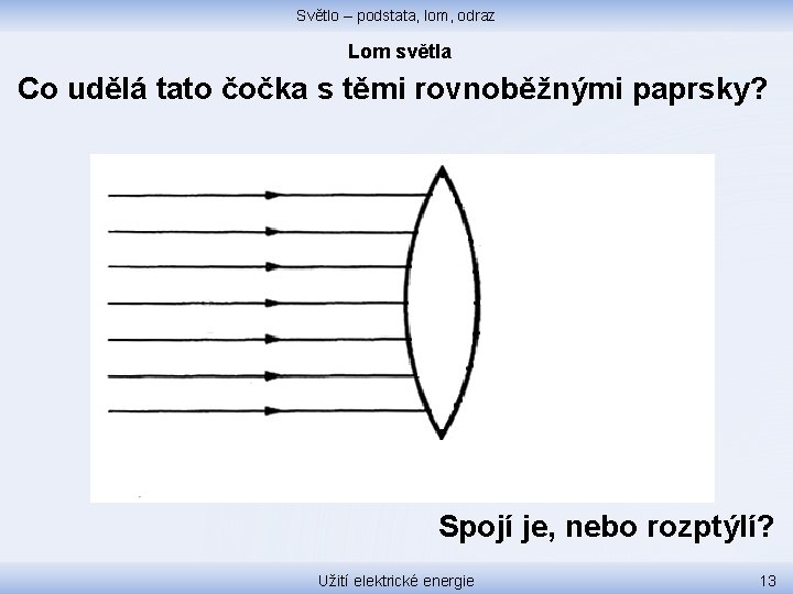 Světlo – podstata, lom, odraz Lom světla Co udělá tato čočka s těmi rovnoběžnými