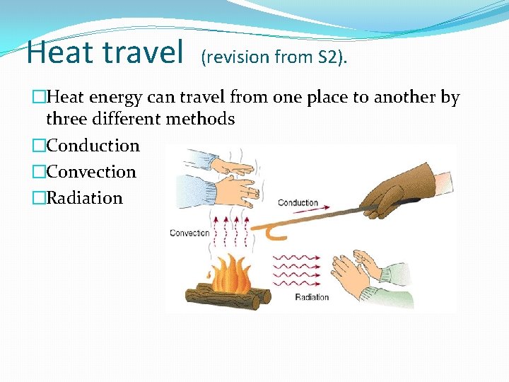 Heat travel (revision from S 2). �Heat energy can travel from one place to