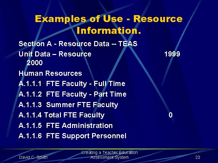 Examples of Use - Resource Information. Section A - Resource Data -- TEAS Unit