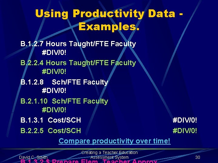 Using Productivity Data Examples. B. 1. 2. 7 Hours Taught/FTE Faculty #DIV/0! B. 2.