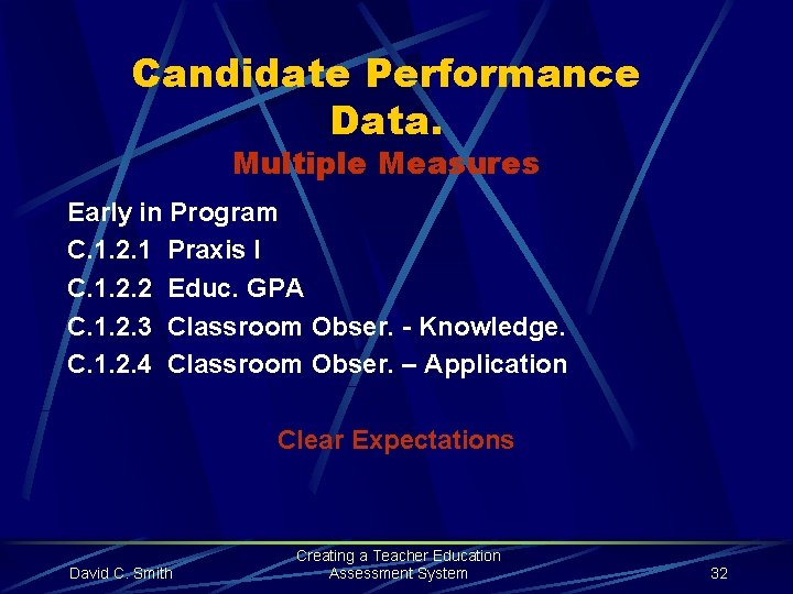 Candidate Performance Data. Multiple Measures Early in Program C. 1. 2. 1 Praxis I