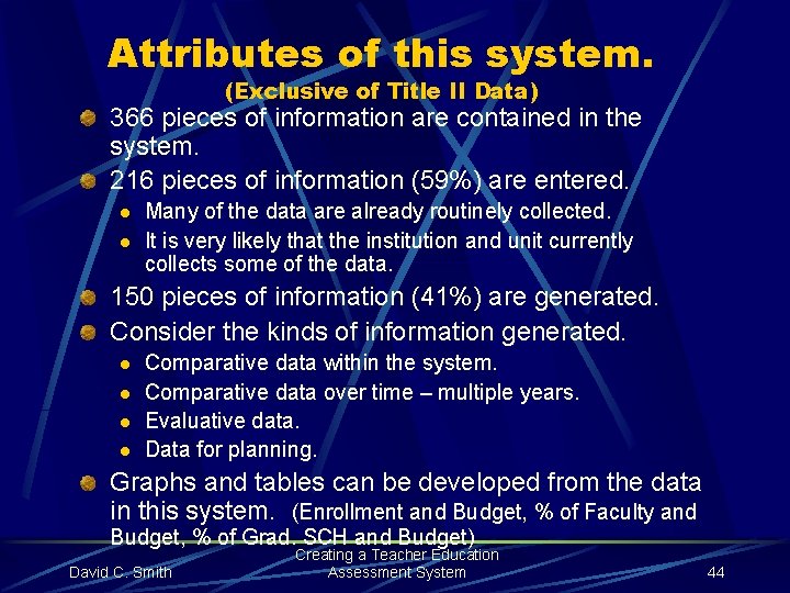 Attributes of this system. (Exclusive of Title II Data) 366 pieces of information are