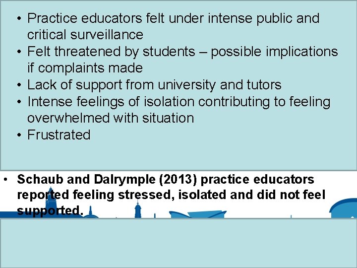 Limited (but growing International and • Practice educators felt under intense public and Multidisciplinary
