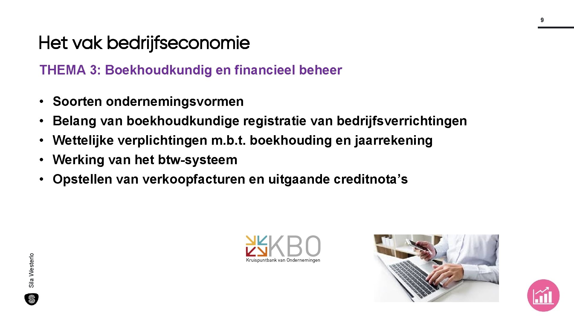 9 Het vak bedrijfseconomie THEMA 3: Boekhoudkundig en financieel beheer Sila Westerlo • •