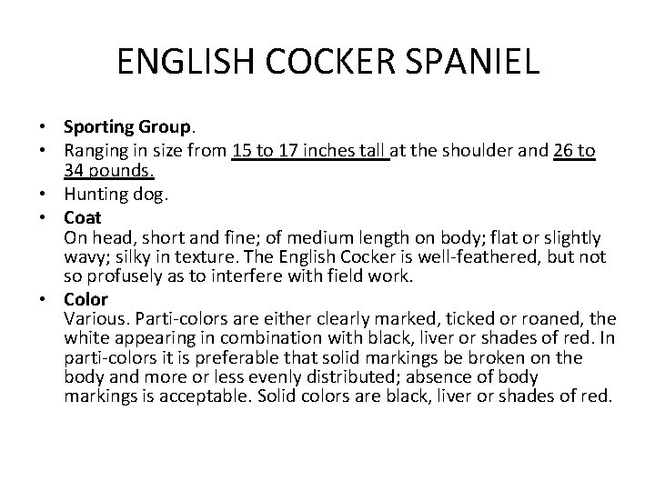 ENGLISH COCKER SPANIEL • Sporting Group. • Ranging in size from 15 to 17