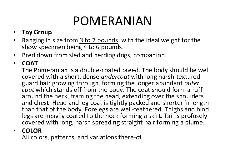 POMERANIAN • Toy Group • Ranging in size from 3 to 7 pounds, with