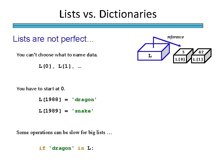 Lists vs. Dictionaries Lists are not perfect… You can't choose what to name data.