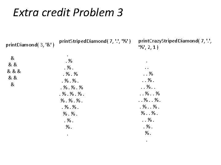 Extra credit Problem 3 print. Diamond( 3, '&' ) & && && & print.