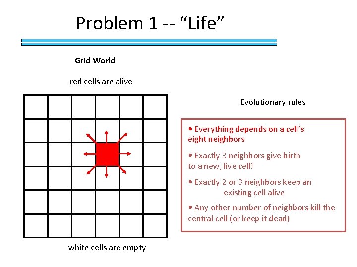 Problem 1 -- “Life” Grid World red cells are alive Evolutionary rules • Everything