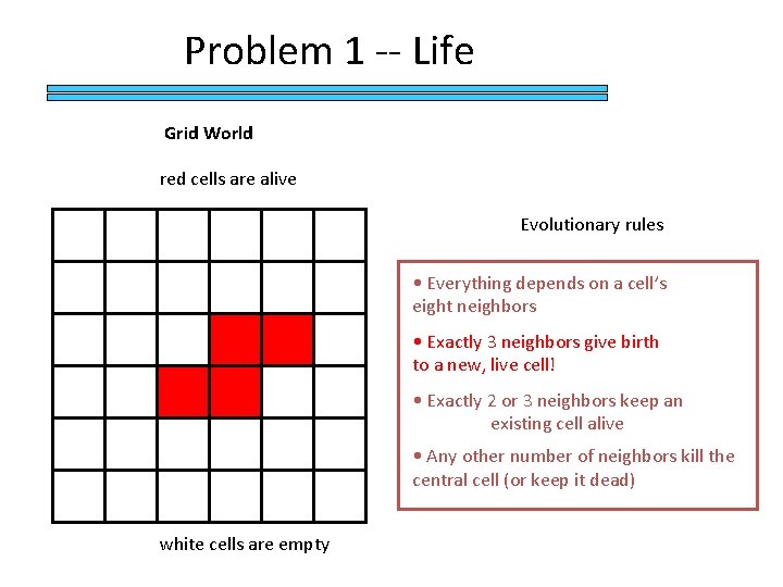 Problem 1 -- Life Grid World red cells are alive Evolutionary rules • Everything