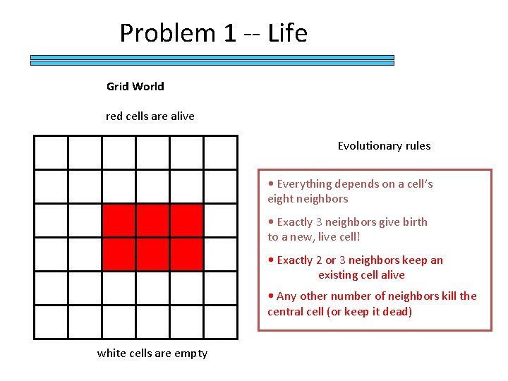 Problem 1 -- Life Grid World red cells are alive Evolutionary rules • Everything