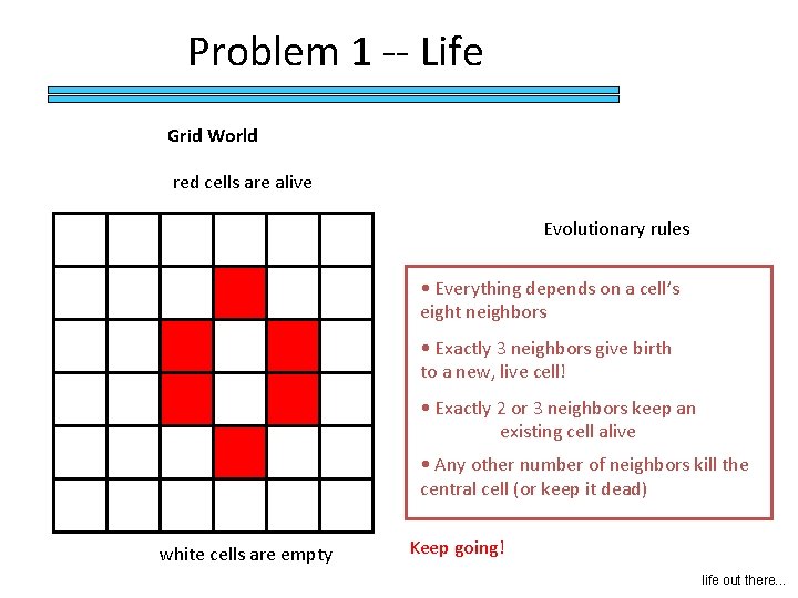 Problem 1 -- Life Grid World red cells are alive Evolutionary rules • Everything Problem 1 -- Life Grid World red cells are alive Evolutionary rules • Everything