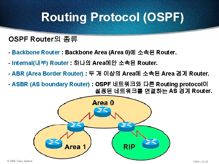 Routing Protocol (OSPF) OSPF Router의 종류 - Backbone Router : Backbone Area (Area 0)에