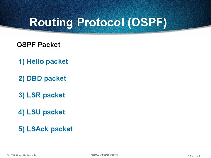 Routing Protocol (OSPF) OSPF Packet 1) Hello packet 2) DBD packet 3) LSR packet