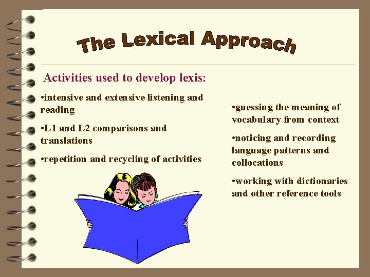 Activities used to develop lexis: • intensive and extensive listening and reading • L