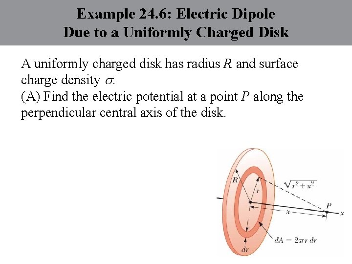 Example 24. 6: Electric Dipole Due to a Uniformly Charged Disk A uniformly charged