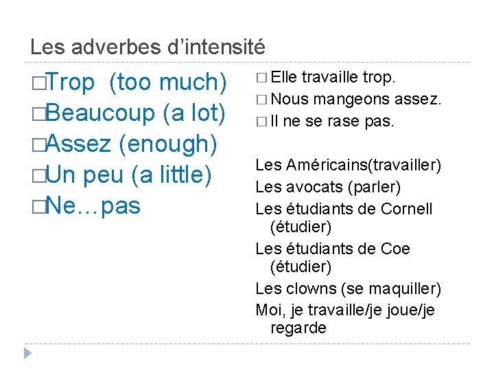 Les adverbes d’intensité �Trop (too much) �Beaucoup (a lot) �Assez (enough) �Un peu (a