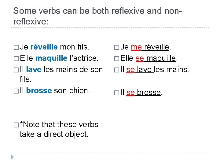 Some verbs can be both reflexive and nonreflexive: � Je réveille mon fils. �