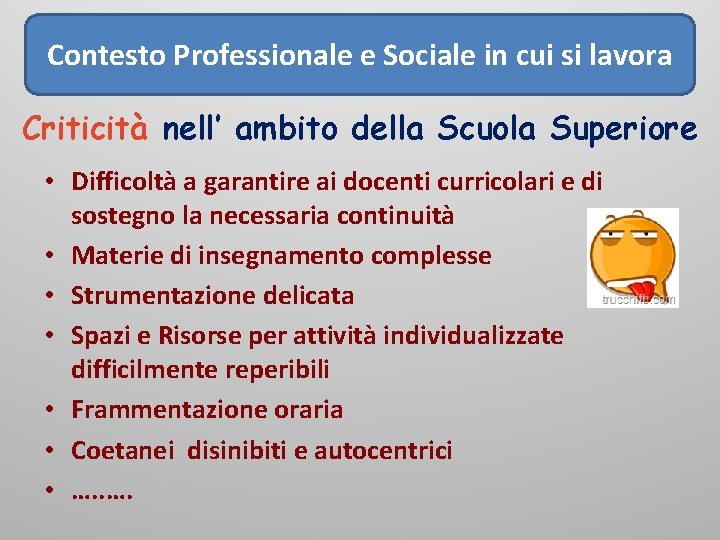 Contesto Professionale e Sociale in cui si lavora Criticità nell’ ambito della Scuola Superiore