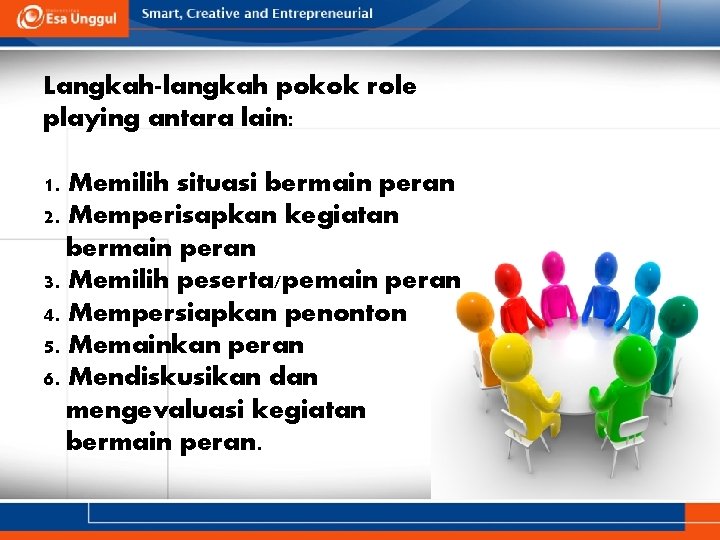 Langkah-langkah pokok role playing antara lain: 1. Memilih situasi bermain peran 2. Memperisapkan kegiatan