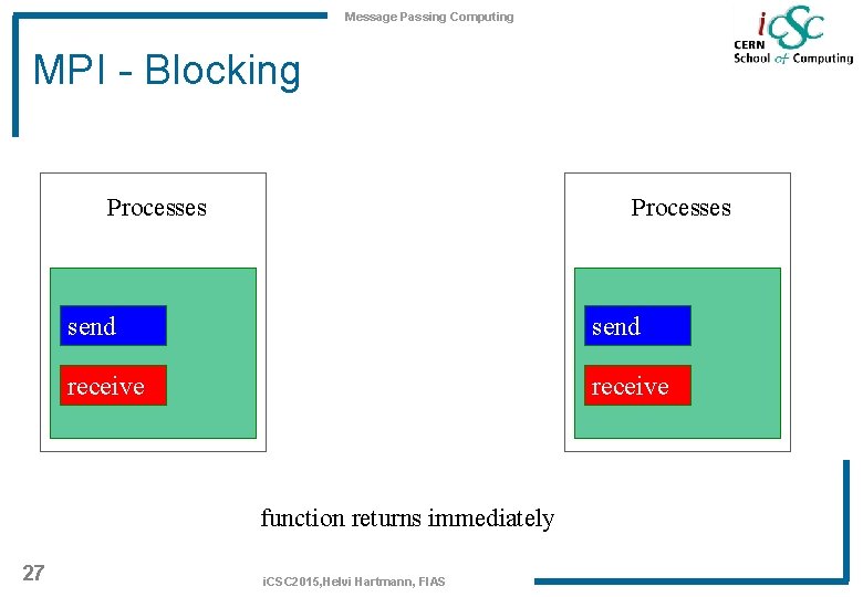 Message Passing Computing MPI - Blocking Processes send receive function returns immediately 27 i.