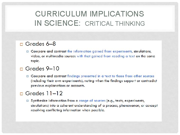 CURRICULUM IMPLICATIONS IN SCIENCE: CRITICAL THINKING CURRICULUM IMPLICATIONS IN SCIENCE: CRITICAL THINKING