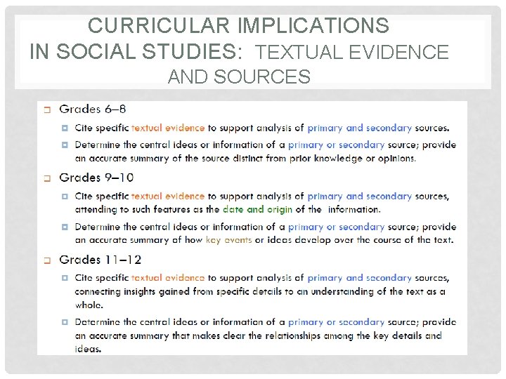 CURRICULAR IMPLICATIONS IN SOCIAL STUDIES: TEXTUAL EVIDENCE AND SOURCES CURRICULAR IMPLICATIONS IN SOCIAL STUDIES: TEXTUAL EVIDENCE AND SOURCES