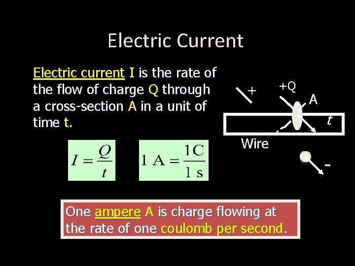 Electric Current Electric current I is the rate of the flow of charge Q