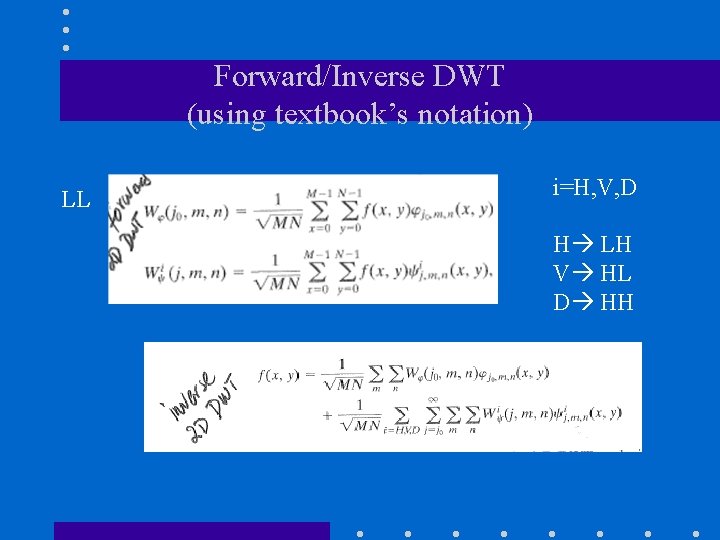 Forward/Inverse DWT (using textbook’s notation) LL i=H, V, D H LH V HL D