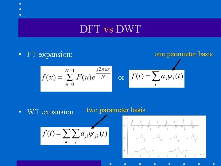 DFT vs DWT • FT expansion: one parameter basis or • WT expansion two