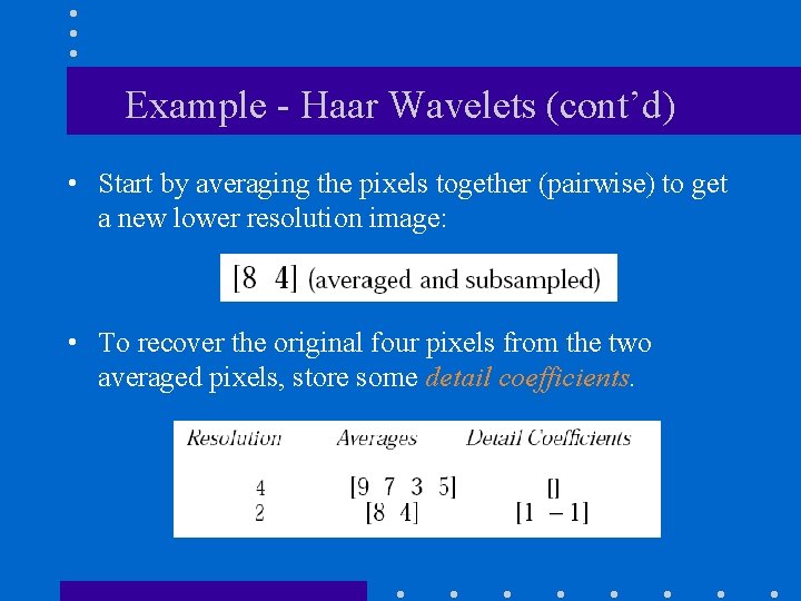 Example - Haar Wavelets (cont’d) • Start by averaging the pixels together (pairwise) to