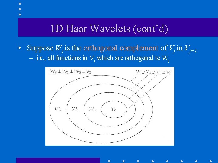 1 D Haar Wavelets (cont’d) • Suppose Wj is the orthogonal complement of Vj