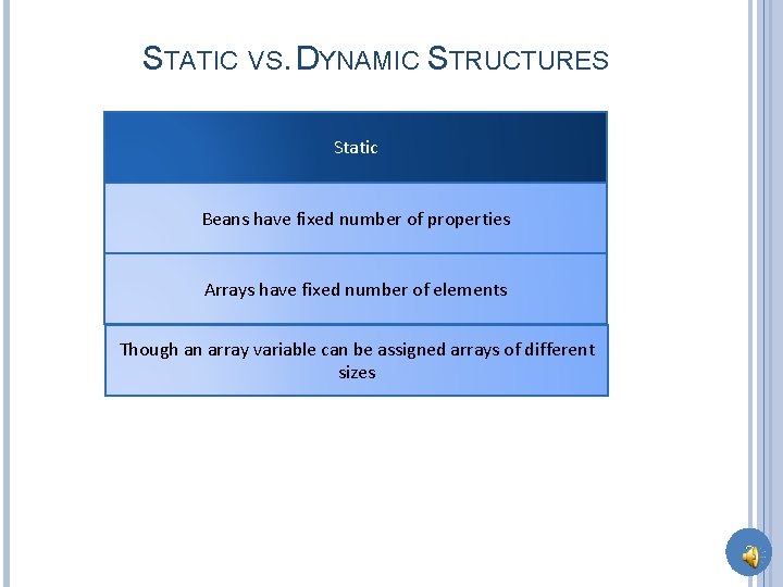 STATIC VS. DYNAMIC STRUCTURES Static Beans have fixed number of properties Arrays have fixed