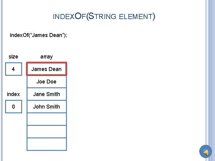 INDEXOF(STRING ELEMENT) index. Of(“James Dean”); size array 4 James Dean Joe Doe index Jane