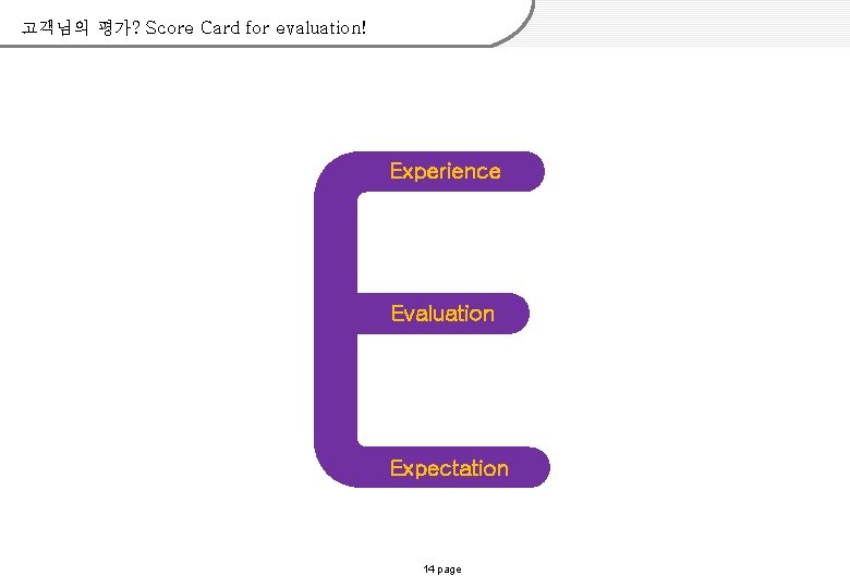고객님의 평가? Score Card for evaluation! E Experience Evaluation Expectation 14 page 