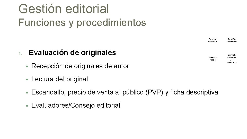 Gestión editorial Funciones y procedimientos Evaluación de originales 1. Gestión editorial Gestión comercial Gestión
