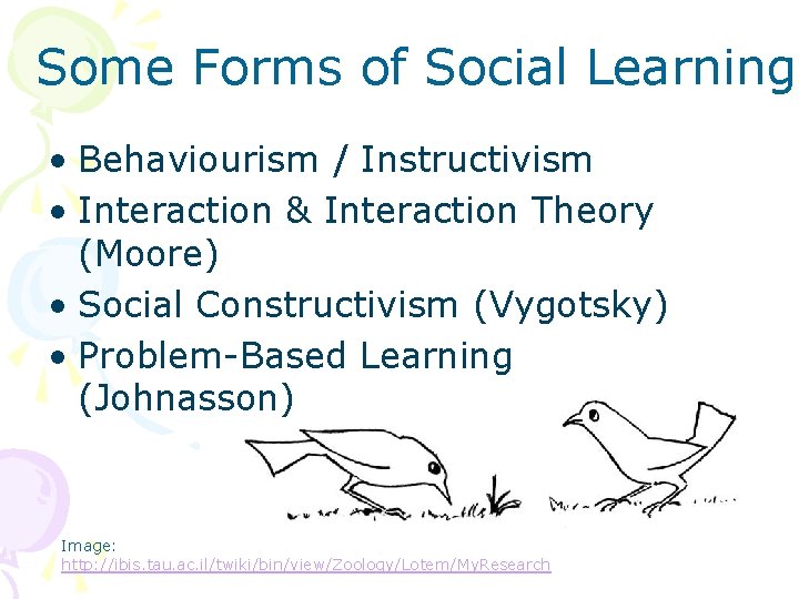 Some Forms of Social Learning • Behaviourism / Instructivism • Interaction & Interaction Theory