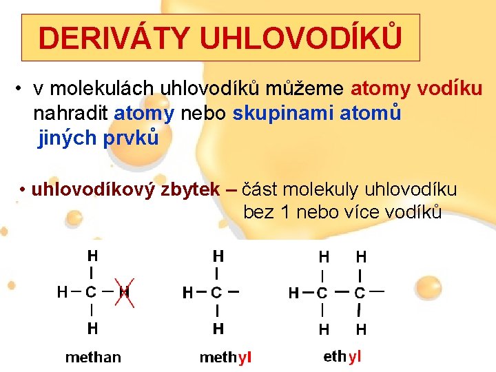 DERIVÁTY UHLOVODÍKŮ • v molekulách uhlovodíků můžeme atomy vodíku nahradit atomy nebo skupinami atomů