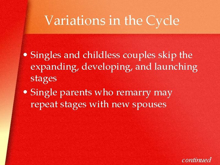 Variations in the Cycle • Singles and childless couples skip the expanding, developing, and