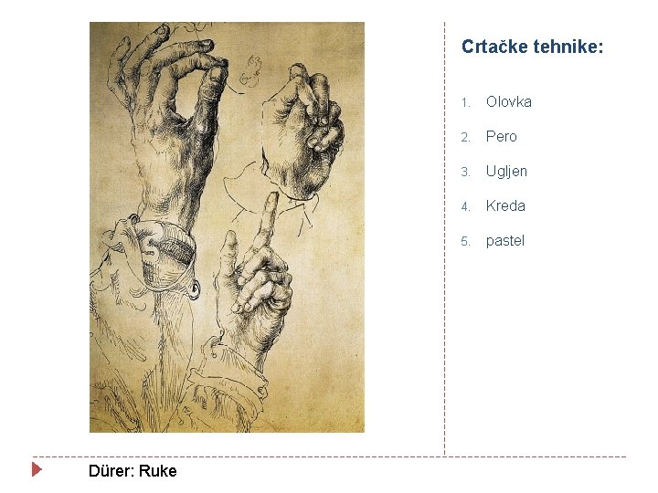 Crtačke tehnike: Dürer: Ruke 1. Olovka 2. Pero 3. Ugljen 4. Kreda 5. pastel