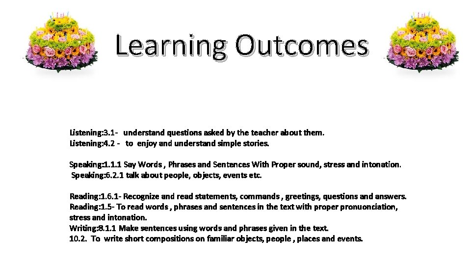 Learning Outcomes Listening: 3. 1 - understand questions asked by the teacher about them.