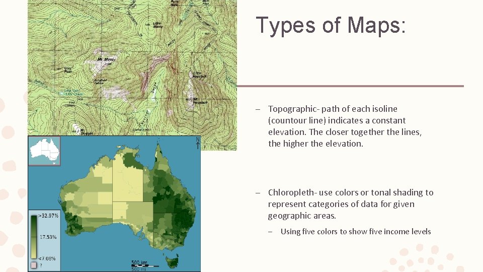 Types of Maps: – Topographic- path of each isoline (countour line) indicates a constant Types of Maps: – Topographic- path of each isoline (countour line) indicates a constant