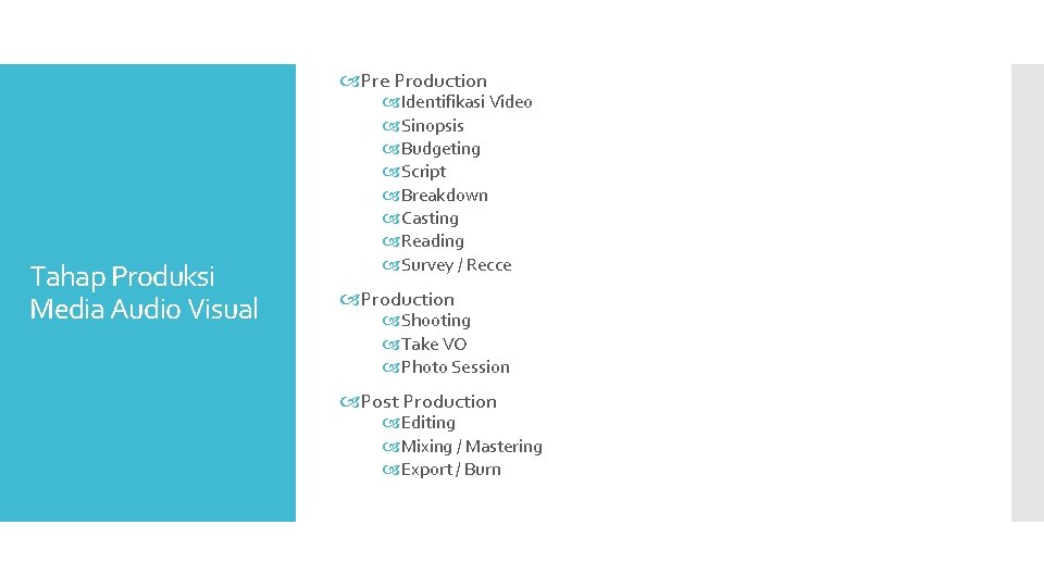 Pre Production Tahap Produksi Media Audio Visual Identifikasi Video Sinopsis Budgeting Script Breakdown Pre Production Tahap Produksi Media Audio Visual Identifikasi Video Sinopsis Budgeting Script Breakdown