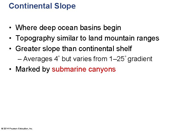 Continental Slope • Where deep ocean basins begin • Topography similar to land mountain