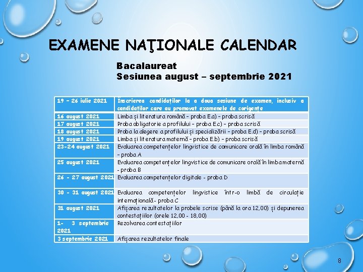 EXAMENE NAŢIONALE CALENDAR Bacalaureat Sesiunea august – septembrie 2021 19 – 26 iulie 2021