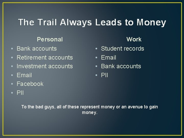 The Trail Always Leads to Money Personal • • • Bank accounts Retirement accounts The Trail Always Leads to Money Personal • • • Bank accounts Retirement accounts