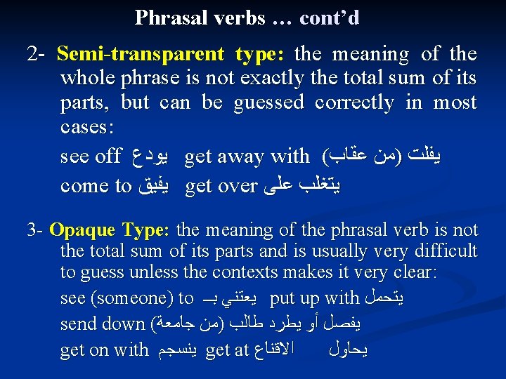 Phrasal verbs … cont’d 2 - Semi-transparent type: the meaning of the whole phrase