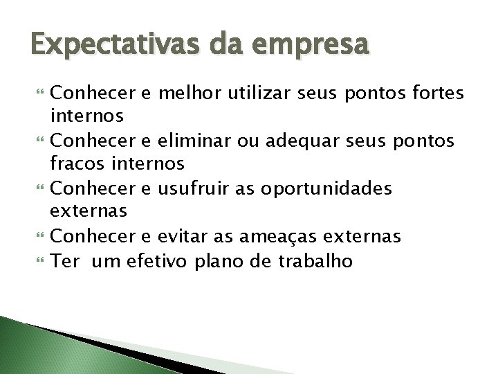 Expectativas da empresa Conhecer e melhor utilizar seus pontos fortes internos Conhecer e eliminar